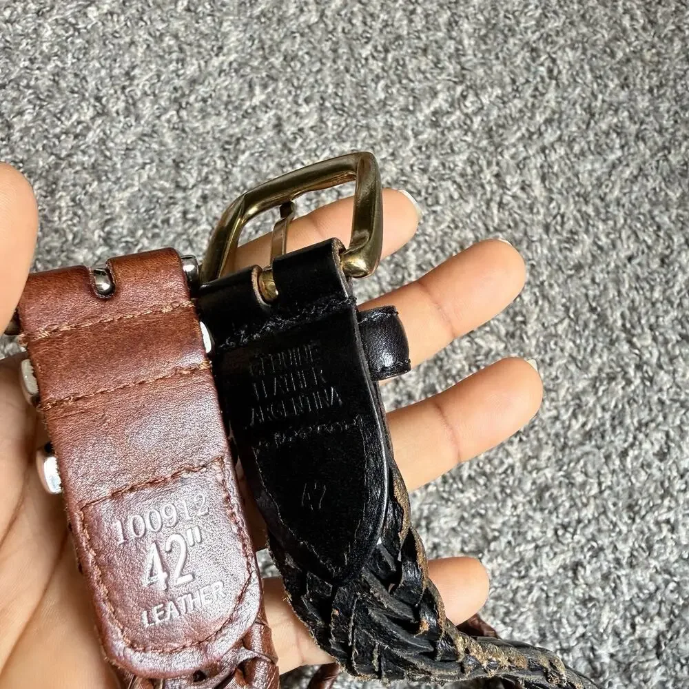 Vtg Brown Black Braided Belt Lot Woven Leather Belt Gold Silver Plate Buckle 42